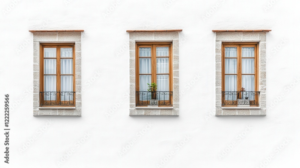Three wooden framed windows with glass panes in a building wall showcasing natural light and architecture Three wooden framed windows with glass panes in a building wall showcasing natural light and architecture