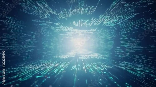 Digital data stream flowing into bright light in cyberspace