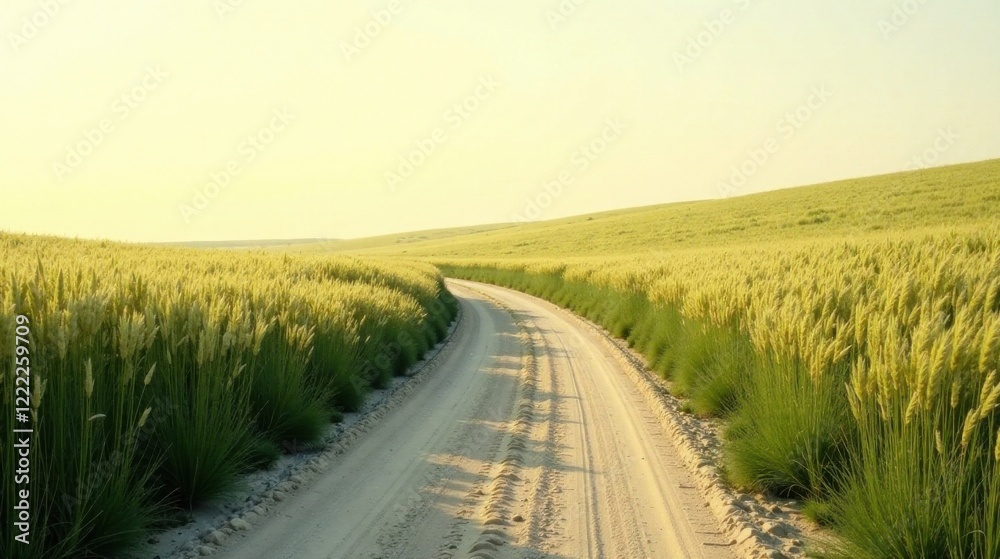 Naklejka premium Serene Country Road Winding Through Golden Wheat Fields Under a Soft, Warm Sunset