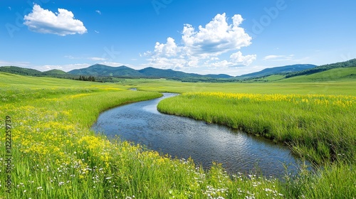Serpentine river meandering through vibrant green valley, sunny day, mountain backdrop, idyllic summer landscape, perfect for travel brochures