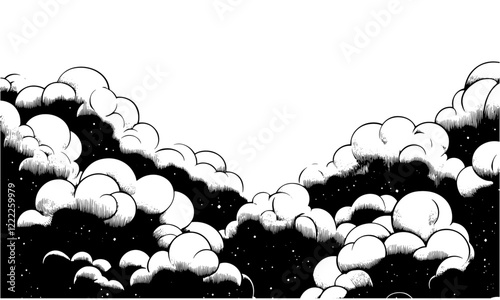 Linocut cloud background vector, cartoon style, black and white