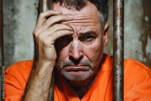 A tense and worried man in an orange prison uniform stands behind sturdy metal bars in a dimly lit cell. Hand holding head in stress and anxiety.