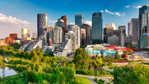 Calgary, Alberta - July 10, 2024: Aerial view of Calgary skyline on a beautiful summer sunset, Alberta - Canada