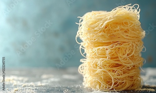 Stacked raw kataifi pastry on floured surface, blue backdrop, ready for dessert