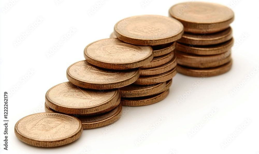 Stacks of copper coins forming upward trend on white background Stacks of copper coins forming upward trend on white background