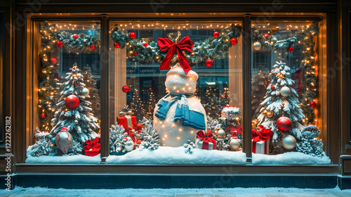Christmas themed window display, department store, photorealistic style