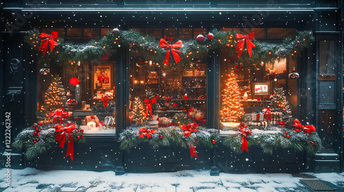 Christmas themed window display, department store, photorealistic style