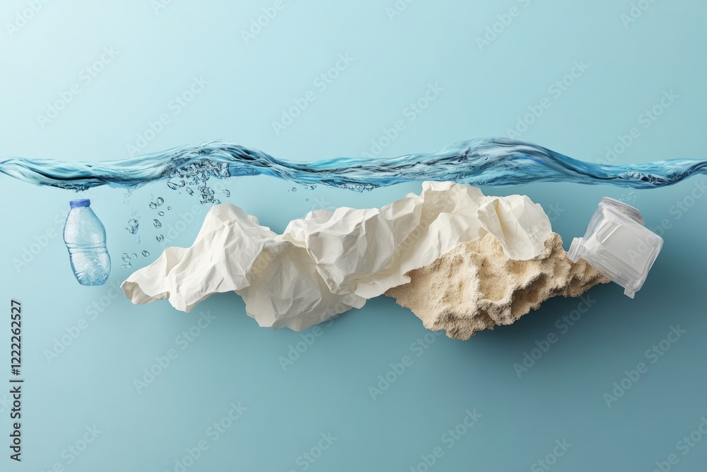 Obraz premium Water surface with plastic waste and crumpled paper, symbolizing pollution.