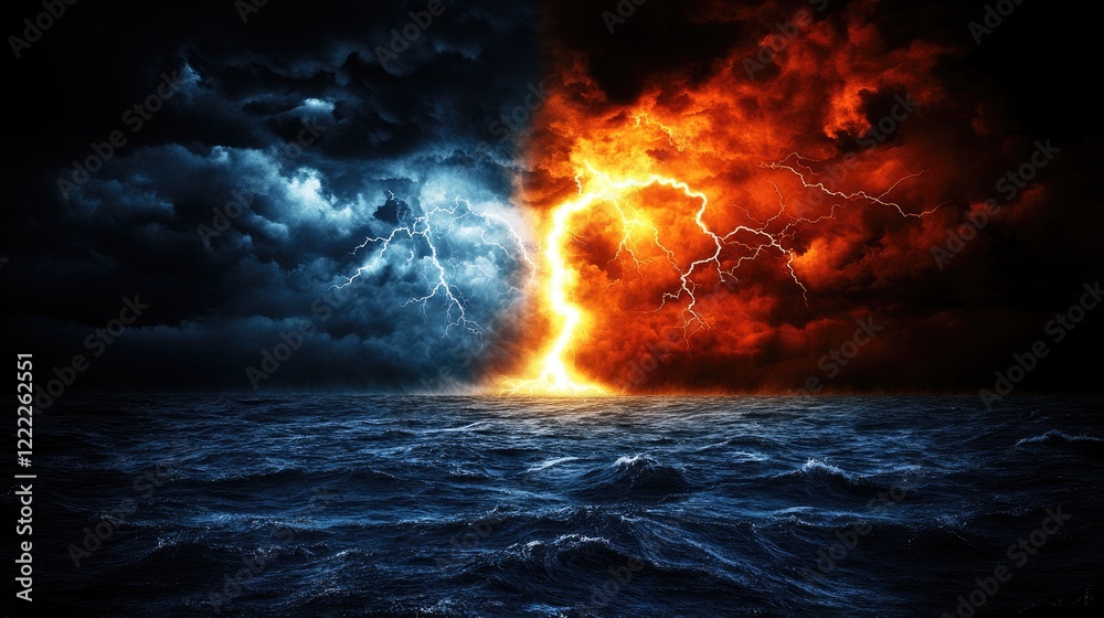 Fototapeta premium Lightning Splitting the Sky Between Stormy Waters and Fiery Horizon in Dramatic Scene