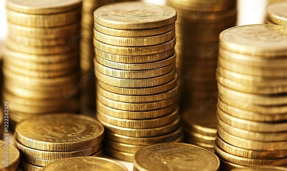 Stacks of gold coins on a white background, suggesting savings, investment, and finance Stacks of gold coins on a white background, suggesting savings, investment, and finance