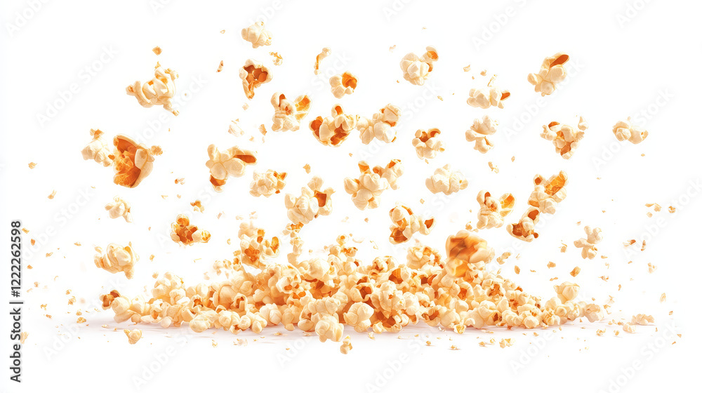 Macro popcorn flying, isolated on white background, with clipping path Macro popcorn flying, isolated on white background, with clipping path
