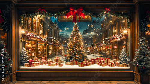 Christmas themed window display, department store, photorealistic style
