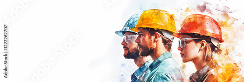  Close-up watercolor painting of a diverse group of workers on a white background, symbolizing unity and hard work, perfect for International Labor Day celebrations.