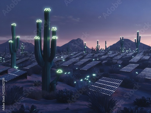 desert landscape at night, illuminated cacti, starry sky, peaceful atmosphere photo