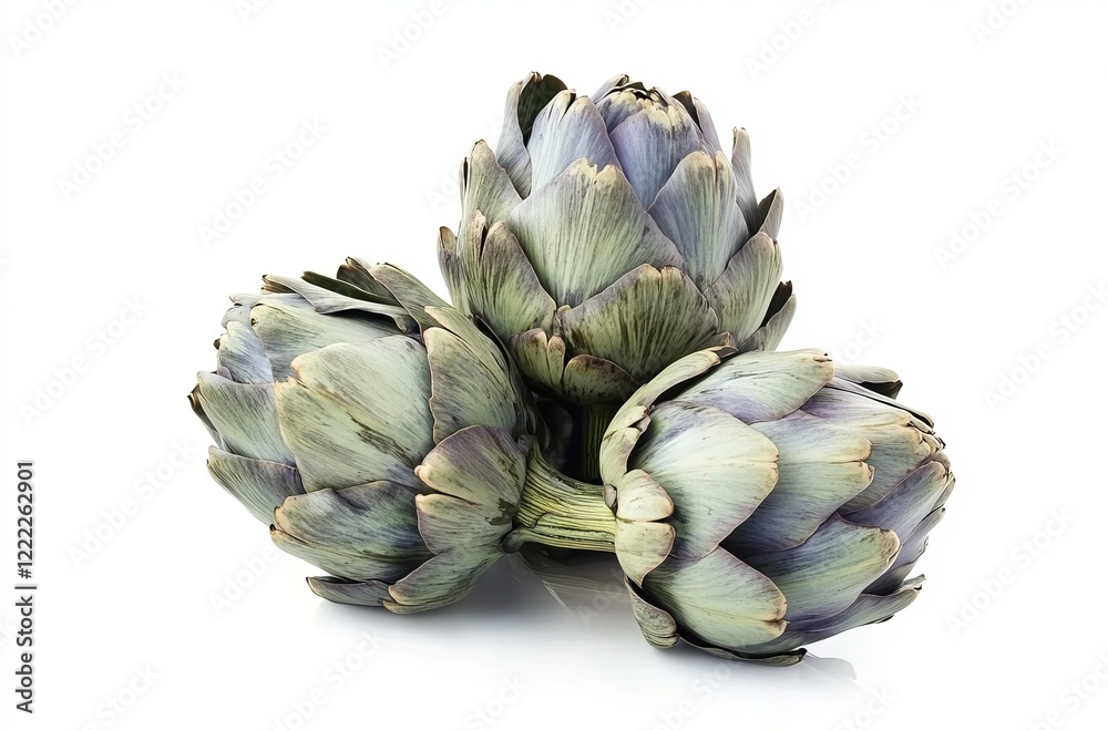 Obraz premium Pile of three artichokes isolated on a white background