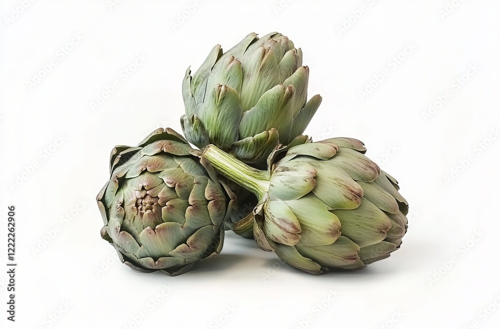Fototapeta premium Pile of three artichokes isolated on a white background