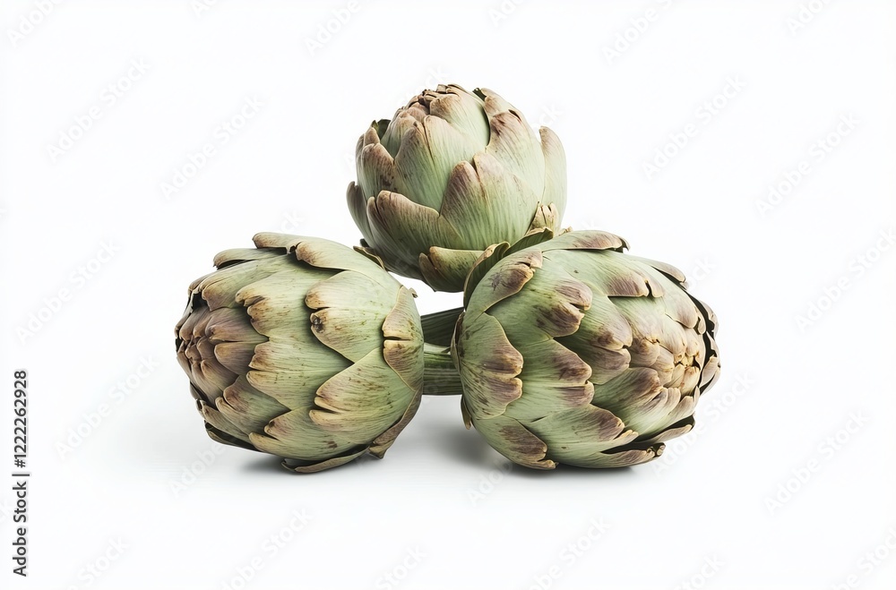 Obraz premium Pile of three artichokes isolated on a white background
