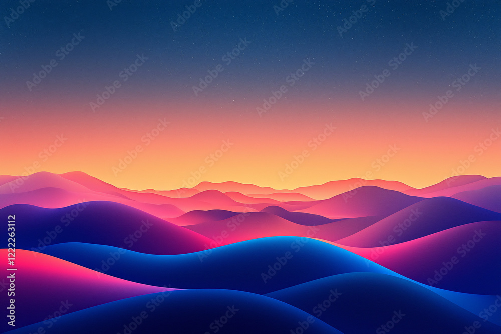 Vibrant abstract landscape with rolling hills under a colorful sunset sky, evoking tranquility Vibrant abstract landscape with rolling hills under a colorful sunset sky, evoking tranquility