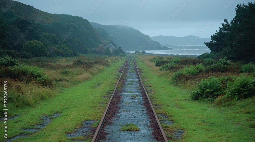 Fototapeta premium Serene Coastal Railway: An Overgrown Railway Track Leading to the Sea