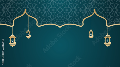 Islamic style decorative background design featuring Ramadan Kareem and Eid themes. Realistic Arabic ornamental patterns. ideal for festive greetings and celebratory designs.