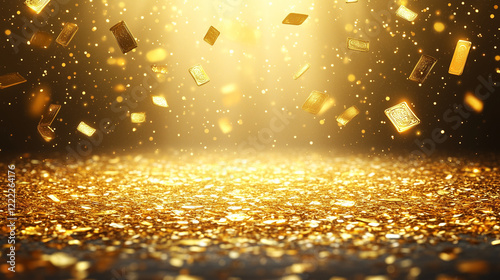 golden confetti rain on party stage with scattered light spotlights, empty space at night with copy space for award ceremonies, birthdays, New Year's parties or product presentations photo