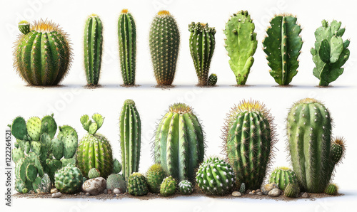 Various cactus species arranged in two rows on a white background. Detailed botanical illustration showcasing diverse shapes and textures of cacti. Desert plants collection concept for design and prin photo