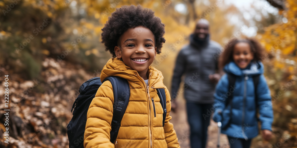Family exploring hiking trail through autumn forest, photorealistic picture Family exploring hiking trail through autumn forest, photorealistic picture