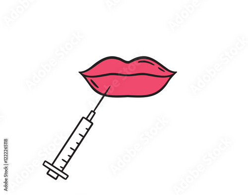 Lips and syringe doodle hand drawn icon. Outline drawing beauty lip augmentation procedure line clipart symbol