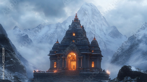 Cinematic shot of Kedarnath Shiva temple with snow mountain