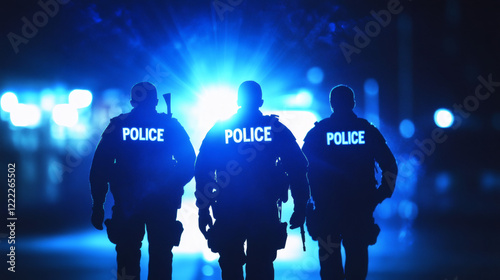 Diverse group of police officers walking together at night, illuminated by lights

