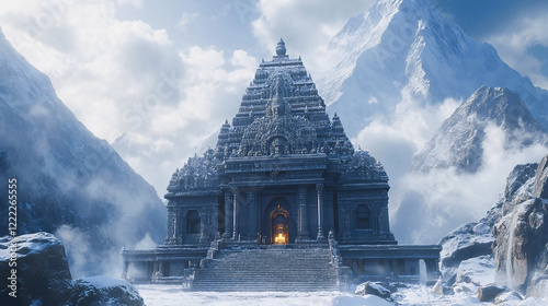 Cinematic shot of Kedarnath Shiva temple with snow mountain