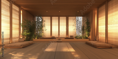 Japanese-inspired meditation room with bamboo screens and tatami, photorealistic photo