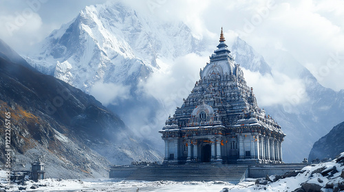 Cinematic shot of Kedarnath Shiva temple with snow mountain photo