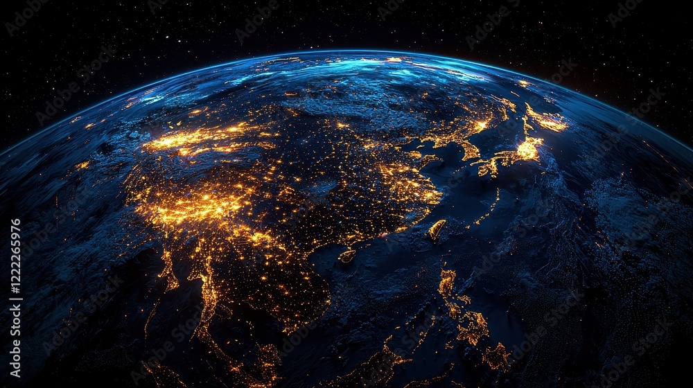 Obraz premium Nighttime earth view illuminated landscapes asia satellite imagery space aerial perspective global connectivity