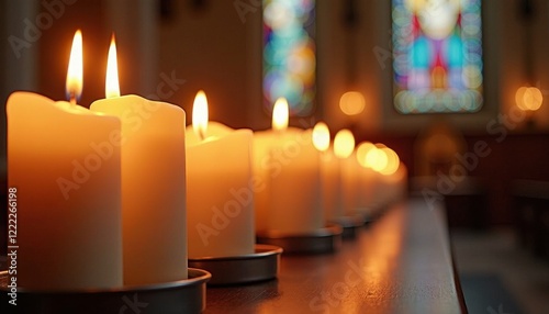 Row of Lit Candles Illuminating Stained Glass Window on Wooden Table photo