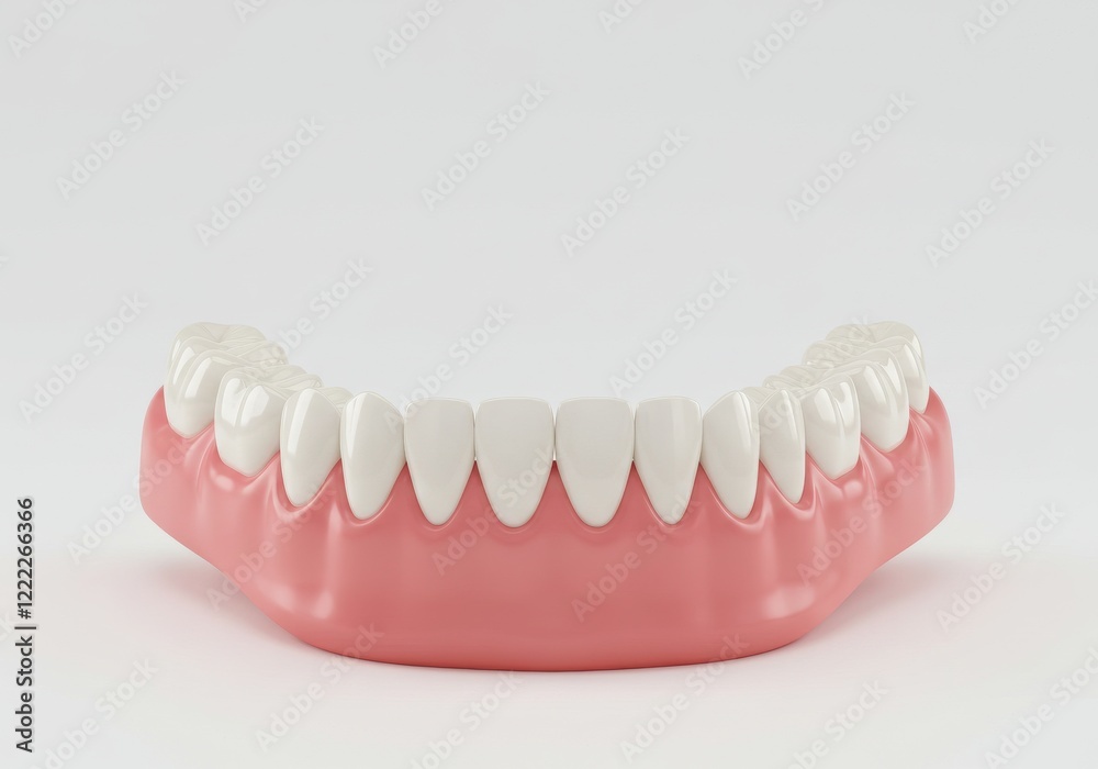 3D render of a lower jaw denture, showcasing a dental prosthetic with pink gums and white enamel teeth. 3D render of a lower jaw denture, showcasing a dental prosthetic with pink gums and white enamel teeth.