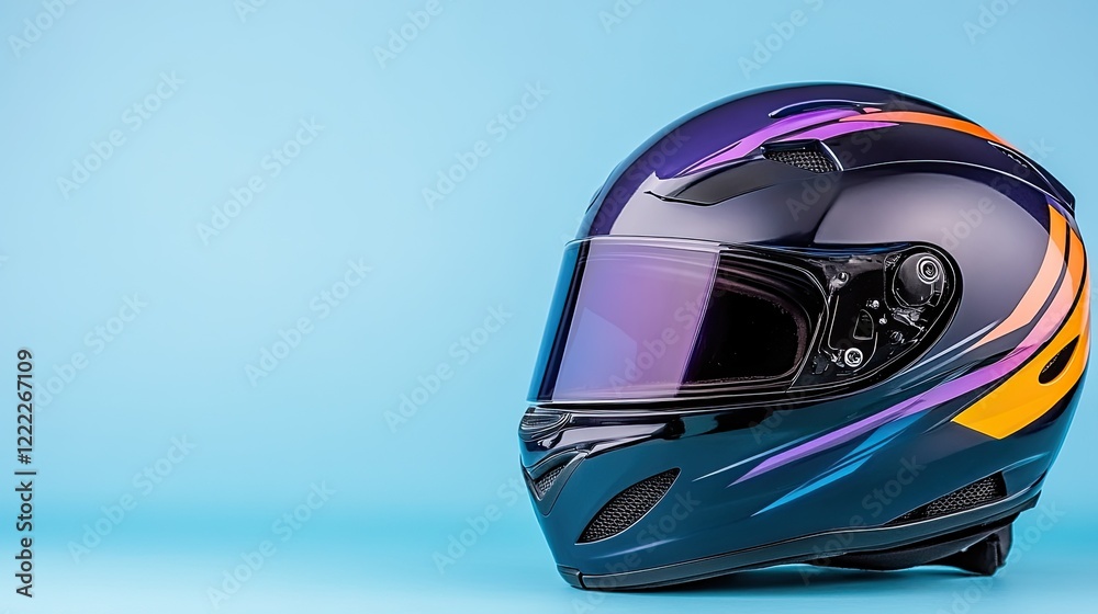 Fototapeta premium Stylish Colorful Motorcycle Racing Helmet with Glossy Finish Against a Blue Background