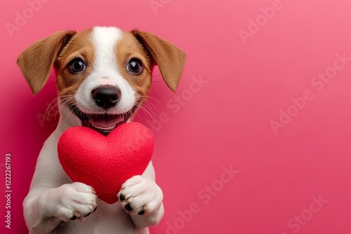 Cute pointer canine with critter toy red heart - emblem of love, funny greeting card. Ad conceptual art. Pointer - my cherished dog. Valentine's pet themes. Heart valentine dog photos. photo