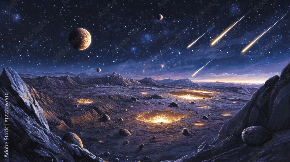 Fototapeta premium Surreal Cosmic Landscape with Planets, Stars, and Shooting Stars