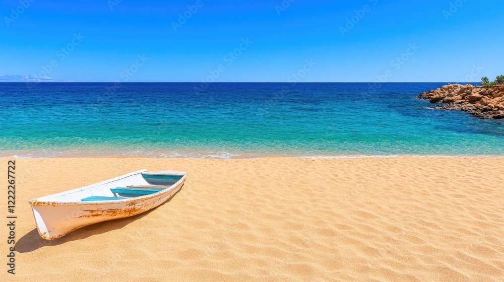 Tranquil Beach Scene with a White Boat on Soft Sand and Crystal Clear Waters Under Sunny Sky Tranquil Beach Scene with a White Boat on Soft Sand and Crystal Clear Waters Under Sunny Sky