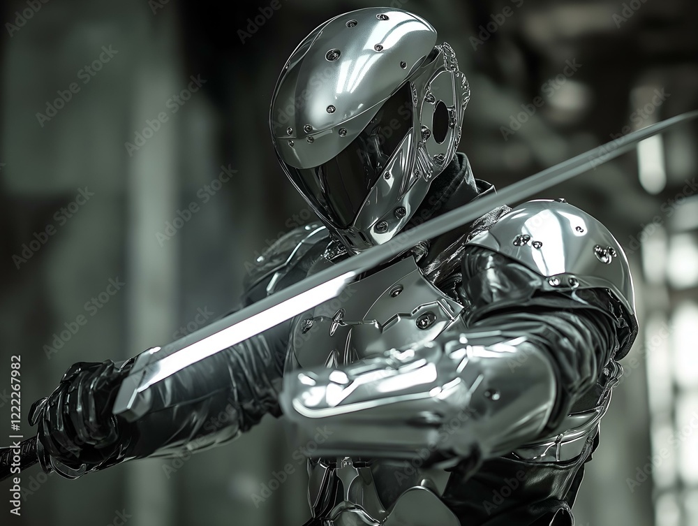 Fototapeta premium fantasy knight, futuristic armor, sword, dramatic lighting, dark background