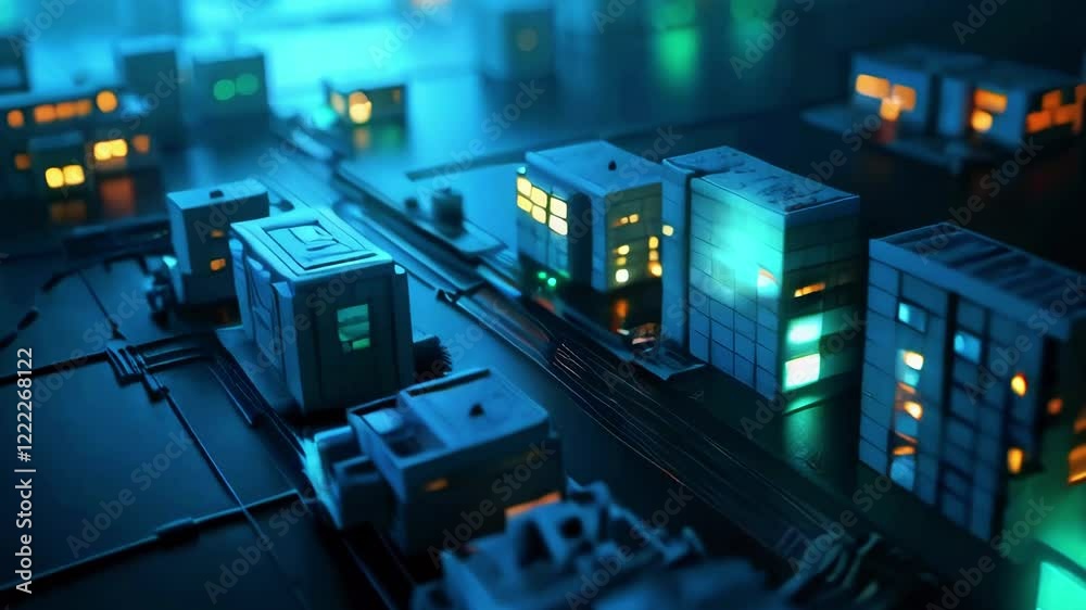 A futuristic cityscape at night with illuminated buildings and intricate circuitry in the foreground A futuristic cityscape at night with illuminated buildings and intricate circuitry in the foreground