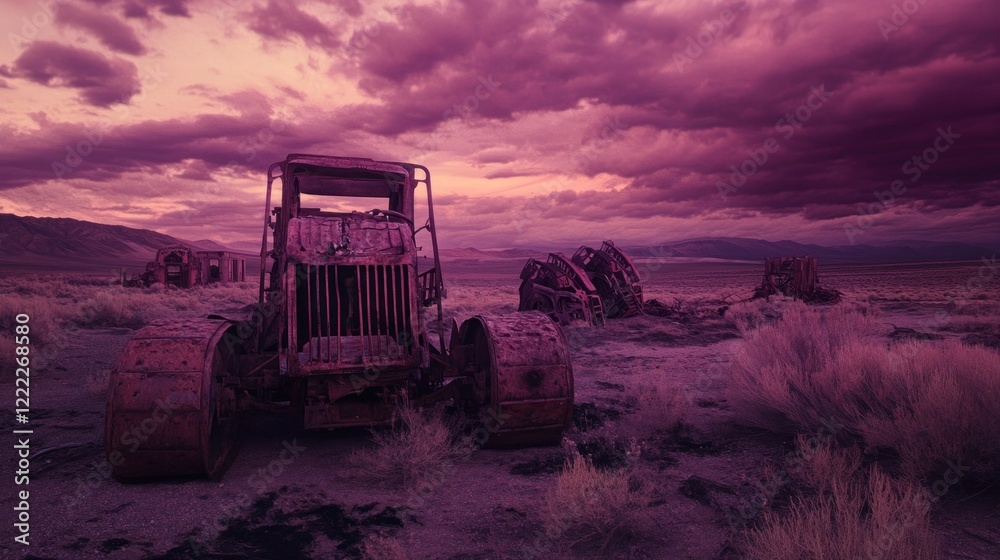 Fototapeta premium Rusty Relic at Sunset: A Desolate Landscape