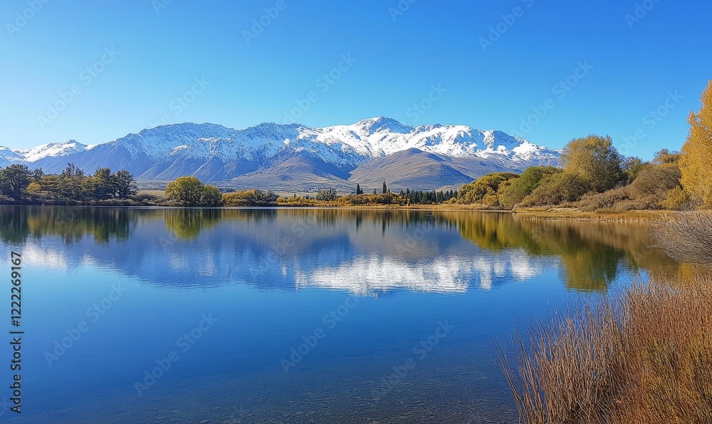 Serene Mountain Lake Landscape with Snowy Peaks, Clear Reflections, and Lush Greenery Under a Bright Blue Sky for Nature Lovers and Tranquility Seekers, Generative AI Serene Mountain Lake Landscape with Snowy Peaks, Clear Reflections, and Lush Greenery Under a Bright Blue Sky for Nature Lovers and Tranquility Seekers, Generative AI