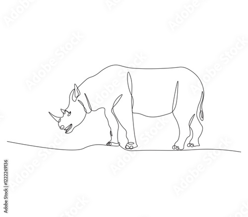 Continuous One Line Drawing of Rhinoceros. Single Line Drawing Illustration of Rhinoceros. Wild Rhinoceros Concept in Continuous Line Art. Editable Outline
