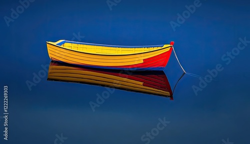 Vibrant Yellow and Red Boat Floating on Calm Blue Water with Reflection at Twilight
