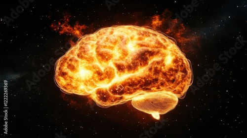 Vibrantly Glowing Brain Surrounded by Cosmic Energy and Spatial Imagery in an Abstract Representation