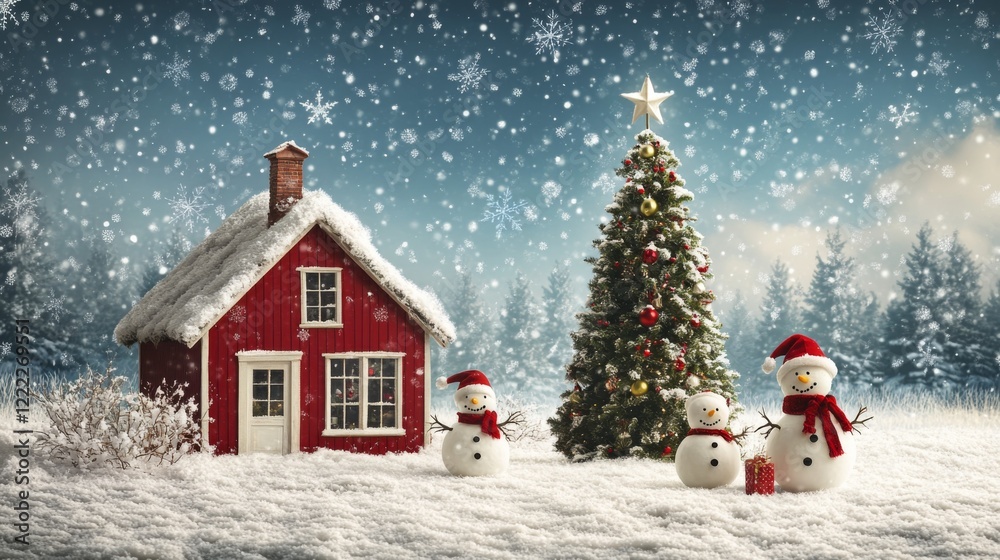 Snowy Christmas Scene with Snowmen and Tree Snowy Christmas Scene with Snowmen and Tree