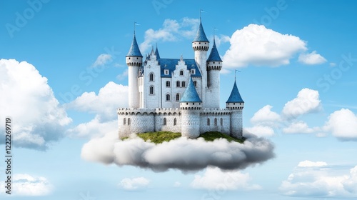 Whimsical Floating Castle Surrounded By Fluffy Clouds Under A Bright Blue Sky