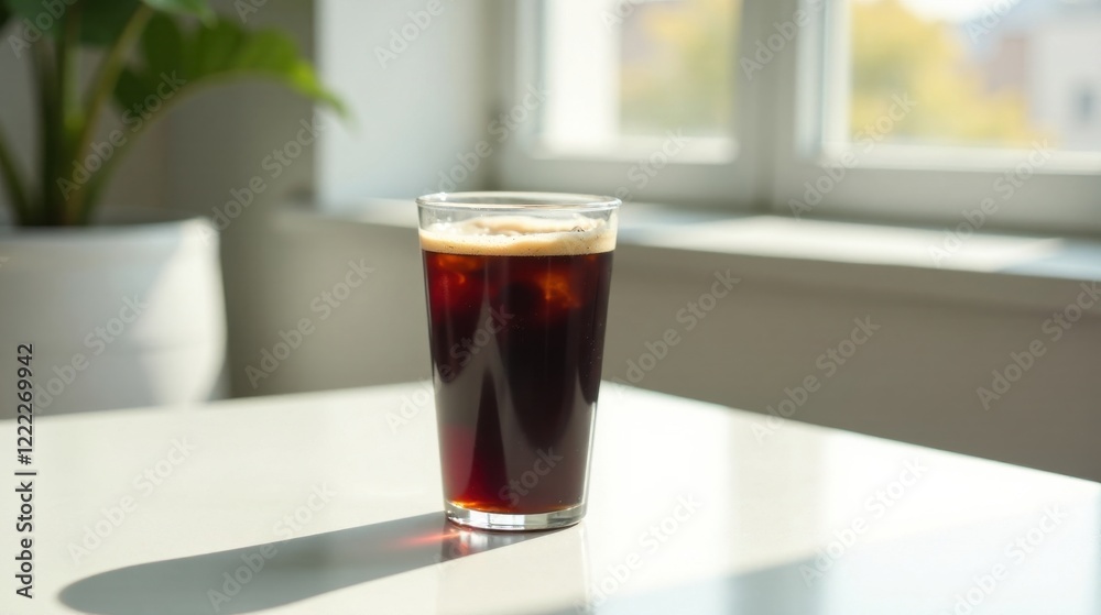 A refreshing iced coffee drink in a tall glass sits on a bright white table, bathed in sunlight streaming through a nearby window. A refreshing iced coffee drink in a tall glass sits on a bright white table, bathed in sunlight streaming through a nearby window.